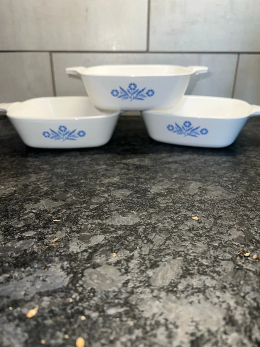 3 Vintage Corningware petite White Casserole Dish with Cornflower blue pattern.